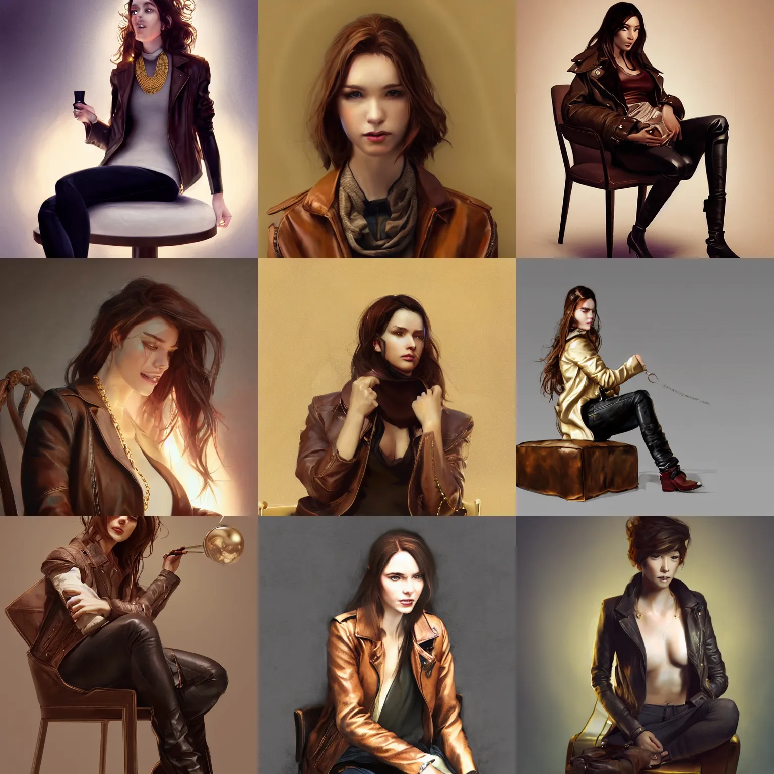 Prompt: woman with brown hair sitting in a chair wearing a leather jacket and a golden necklace, Greg Rutkowski, Charlie Bowater, Yuumei, Yanjun Cheng, hyperrealistic, dynamic lighting