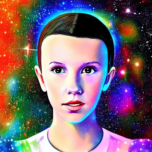 Prompt: Digital Art of Millie Bobby Brown made of galaxies