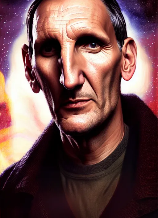 Image similar to portrait of christopher eccleston as the ninth doctor from doctor who, intricate, elegant, glowing lights, highly detailed, digital painting, artstation, concept art, smooth, sharp focus, illustration, art by wlop, mars ravelo and greg rutkowski