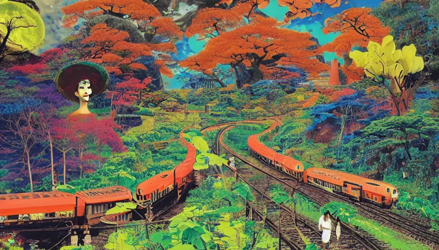 Image similar to Japan rural splendor rail travel and touring c2050, surrealist psychedelic photo-collage painting in the style of Newsweek magazine, +81 magazine, Roger Dean, Yoshio Awazu, vivid color