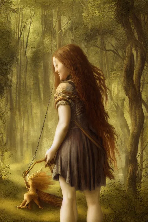 Image similar to a Leonardo da Vinci oil portrait of a young gothic girl walking in a forest with a cute pet dragon on a leash, vivid colors, high details, cinematic, 8k resolution, beautiful detailed, photorealistic, digital painting, artstation, concept art, smooth, sharp focus, illustration, fantasy background, artstation trending, octane render, unreal engine