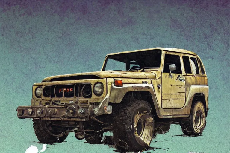 Prompt: digital illustration of mad max's fj 4 0 decrepit pursuit special, rusty nissan fj cruiser 1 9 8 0 s, the last v 8 interceptor by makoto shinkai, ilya kuvshinov, lois van baarle, rossdraws, basquiat