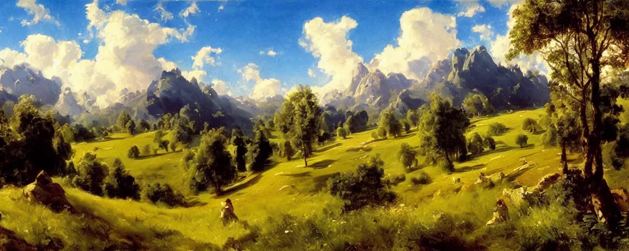 Prompt: gorgeous disney illustrated background of a hilly valley with a blue sky and fluffy white clouds, grassy field by eugene von guerard, ivan shishkin, john singer sargent