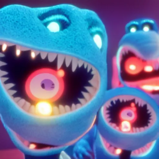 Image similar to cute smiling pixar and chibi style electric blue scaled glowing baby dinosaurs in tron movie, cinestill