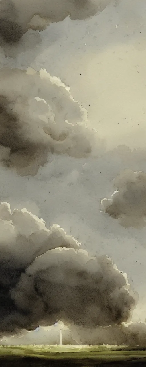 Image similar to a beautiful watercolor painting of a white landscape in the style of paul sandby and antonio guidotti, twenty meteors falling, distinct human figure standing still, a hundred indistinct human figures standing still, ash falling from the sky, in the horizon a gigantic mushroom cloud, 8 k, trending on artstation, pastel color scheme