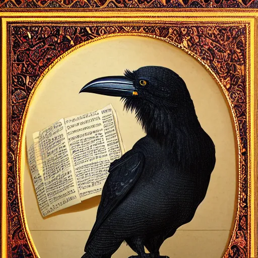 Prompt: beautifully detailed portrait of a detailed raven looking at a book laid out on a golden silk cloth, in a serene beautiful stone arched garden at beautiful sunrise by pascal blanche and frederic leighton and by rosetti and sidney cooper, 4 k, artstation