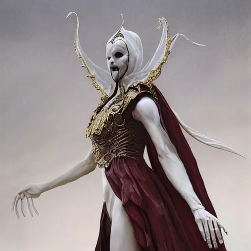 Image similar to vampire, renaissance noble costume, masked, ornate white cotton semi-transparent veils, concept art, cinematic, epic wide shot, artstation, sharp focus, carved white marble female biomechanical sculpture, subtle gold accents, beautifully lit, by Zdzisław Beksiński, hyper detailed, insane details, inticate, elite, ornate, elegant, luxury, dramatic lighting, environmental key art, octane render, weta digital, micro details, structure, ray trace 4k