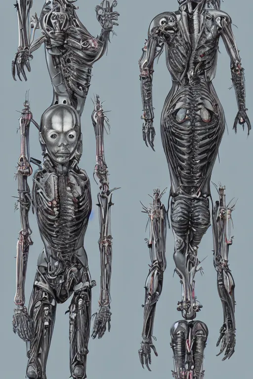 Image similar to cyborg lady with gunmetal grey skin, medical anatomy, very symmetrical face, highly detailed, mecha, three - perspective / three - view reference sheet ( front / back / side ), in the style of james gurney, dan ouellette, hr giger, sil from species, dren from splice, biomechanical, artstation, unreal engine