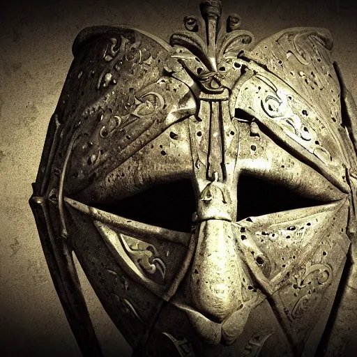 Image similar to extra wide view. an ominous dark ancient mask. barron. worn out photography. sepia. cracks. hyper - detailed. gothic steampunk. low poly medieval baroque. symmetric. epic. hyper - realistic. unreal render.