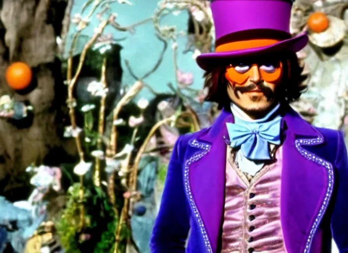 Image similar to film still of Johnny Depp as Willy Wonka in Willy Wonka and the Chocolate Factory 1971