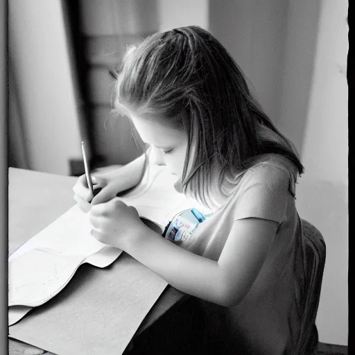 Prompt: portrait of a 10 year old girl sitting at table while drawing a picture, 35 mm, Photo