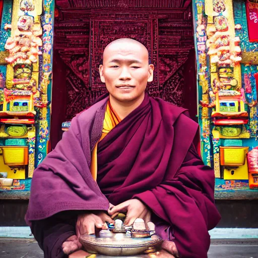 Prompt: portrait of a tibetan monk with facial cybernetic enhancements praying to a futuristic screen altar inside a tibetan temple, photography