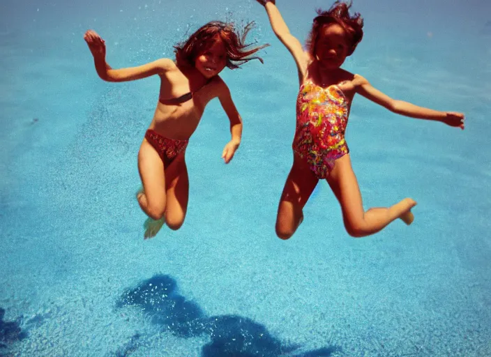 Prompt: color photo of a girl jumping down in a pool in the 8 0's