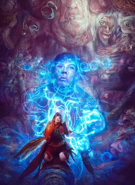 Image similar to An epic fantasy comic book style portrait painting of a wild shaman tripping on Ayahuasca, Shipibo patterns made of lasers, fisheye lens, unreal 5, DAZ, hyperrealistic, octane render, cosplay, RPG portrait, dynamic lighting