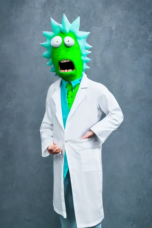 Prompt: real life pickle rick with white labcoat and blue spiky hair, zeiss lens, photography