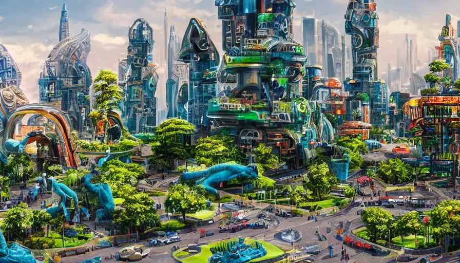 Prompt: an ancient and futuristic city that became one, lush greenery, historic buildings, sculptures, neon futurism