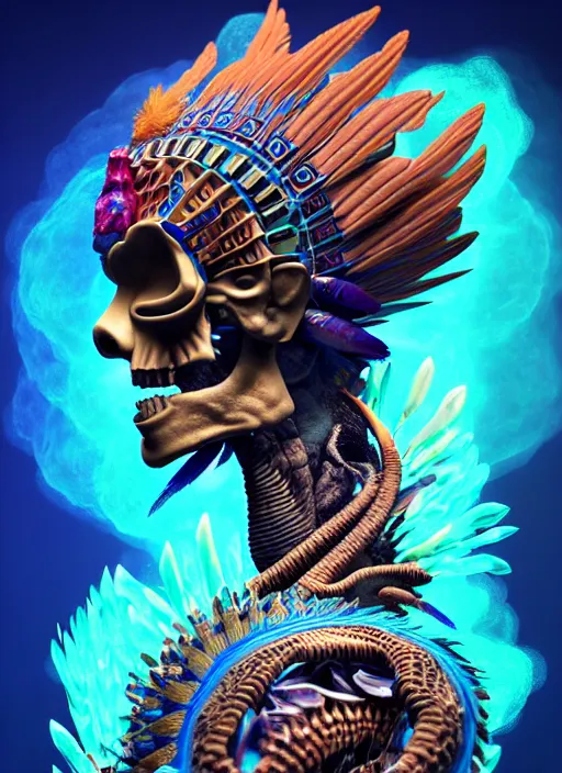 Image similar to 3 d shaman with tattoos profile portrait, sigma 5 0 0 mm f / 5. beautiful intricate highly detailed quetzalcoatl skull and feathers. bioluminescent, plasma, lava, ice, water, wind, creature, thunderstorm! artwork by tooth wu and wlop and beeple and greg rutkowski, 8 k trending on artstation,