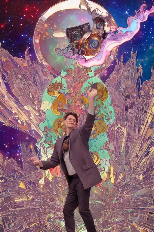 Image similar to jim carrey wearing a magic leap headset emerging from a stargate, by artgerm and yoshitaka amano and moebius and alphonse mucha, hyperdetailed, dc comics, ornate, nebula, explosions in the sky, trending on artstation