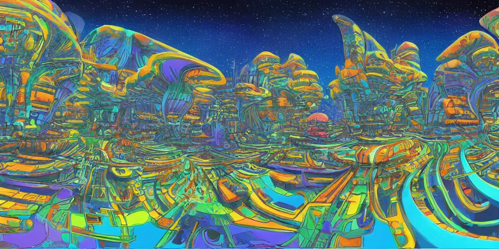 Image similar to a psychedelic retro sci fi city in space by roger dean equirectangular projection