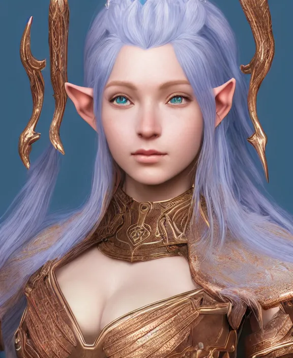 Prompt: a beautiful and highly detailed digital portrait of a dignified elf with long blue hair in a rose gold armor breastplate by artgerm, julia razumova, and lu ji, centered, artsation contest winner, cgsociety, fantasy art, cryengine, concept art, photorealism, daz 3 d, sketchfab, zbrush, vray