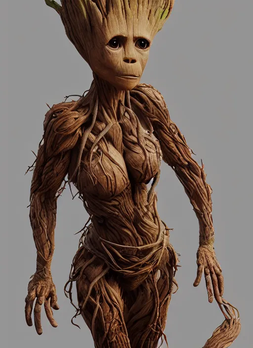 Image similar to female portrait of groot as a belly dancer, au naturel, hyper detailed, digital art, trending in artstation, cinematic lighting, studio quality, smooth render, unreal engine 5 rendered, octane rendered, art style by klimt and nixeu and ian sprigger and wlop and krenz cushart.