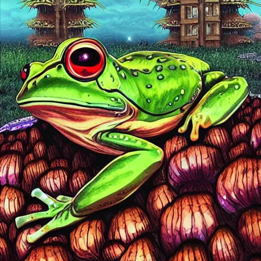 Prompt: A centered waist up portrait of a scary psychedelic godlike anthropomorphic frog smoking tobacco , magic mushroom village in background . award winning. superb resolution. in the art style of junji Ito and greg rutkowski . Detailed Mushroom city in background. Hyper realistic anime. Perfect art. Dalle2