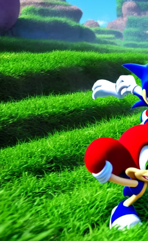 Image similar to super super super epic cinematic shot of sonic the hedgehog, 8k miyazaki anime scene, motion blur, red shoes, green eyes, ++++++ super super super dynamic action running, concept photos, dynamic lighting, dynamic shaders, sunny day, green hill zone, amazing quality