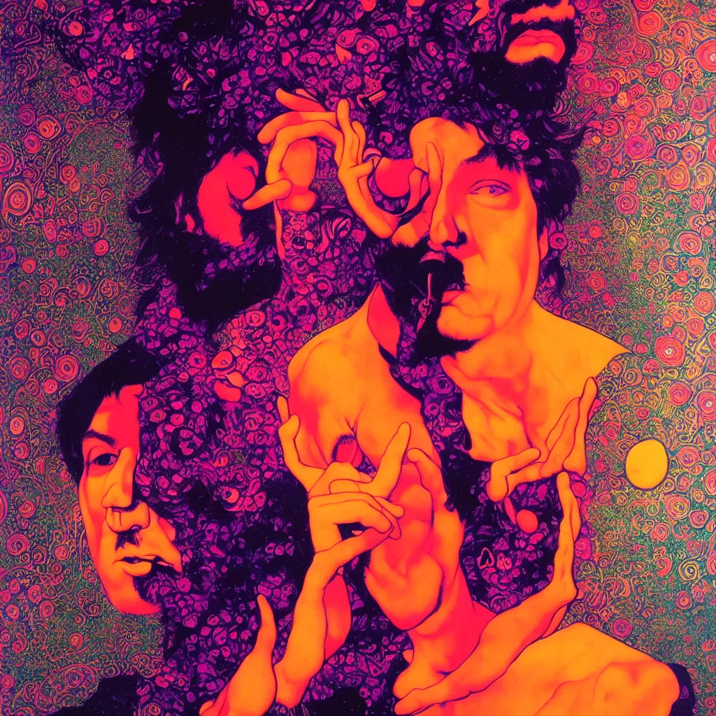 Image similar to psychedelic portrait of bill hicks smoking, vivid colors, neon, art by ( ( ( kuvshinov ilya ) ) ) and wayne barlowe and gustav klimt and artgerm and wlop and william - adolphe bouguereau