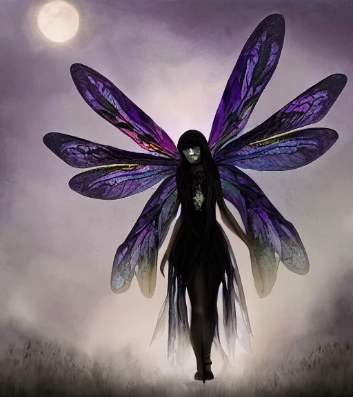 Image similar to gothic fairy with dragonfly wings, digital painting, liminal eerie midnight backlit, a picture taken by Michael Komarck