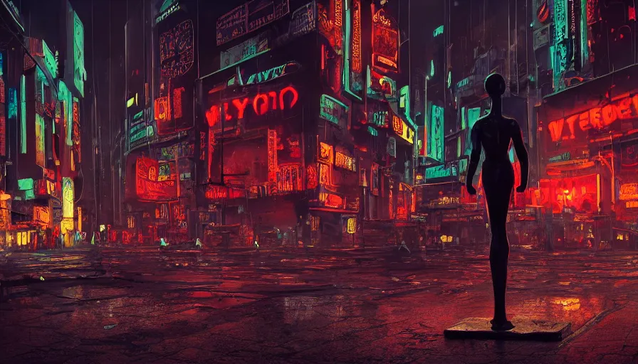Image similar to a small weathered ancient greek sculpture standing in a square, surrounding by of cyberpunk city, neon sign, bladerunner, digital illustration, artstation, cinematic composition