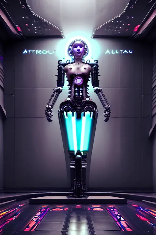 Image similar to ultra detailed female android deity, robot, cyborg, altar, futuristic gothic environment, ethereal flowerpunk, scifi, fantasy, cyberpunk, octane render, megalopolis, unreal engine, asymmetrical!!! intricate concept art, triadic color, art by artgerm and wlop and giger and greg rutkowski and alphonse mucha, 8 k
