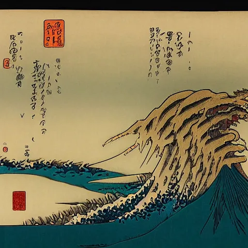 Prompt: mythical creatures of Japan, volcanos in the background, in the style of Hokusai,
