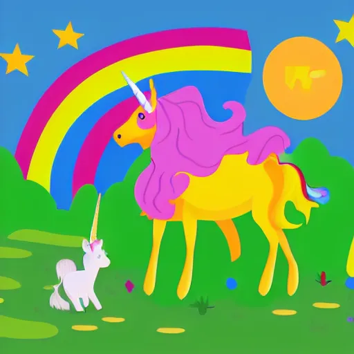 Prompt: Illustration for a children\'s story of a unicorn in the bush, simple vector drawing with rounded lines