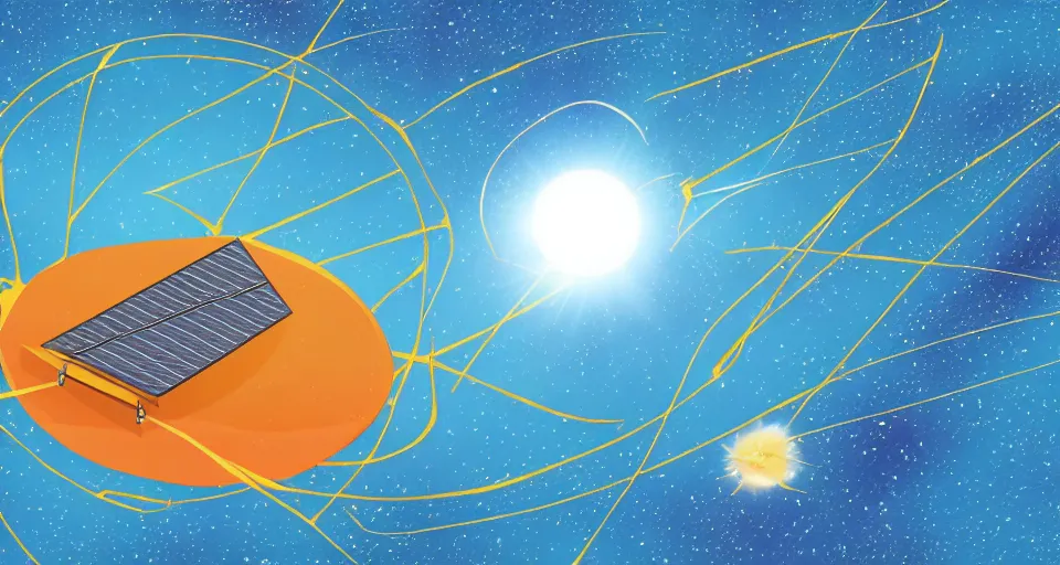 Prompt: solar sail, floating in space between the sun and earth, cartoon illustration