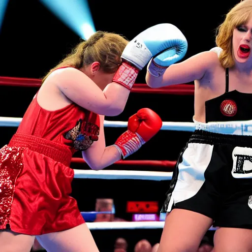 Prompt: Photograph of Adele and Taylor Swift in a boxing match, boxing Arena, bright lights, Sports photography,