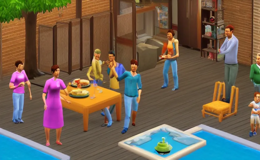 Prompt: little ai copies of a families playing out the motions of a dinner, the sims 1 graphics