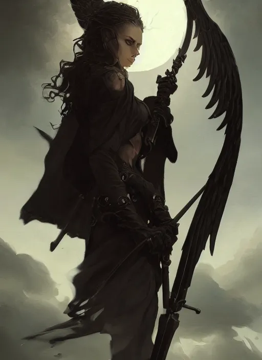 Image similar to a portrait of a beautiful angel of death with black wings holding a large scythe by marco bucci and greg rutkowski, sharp focus, very detailed, cinematic, closeup, trending on artstation, 4 k