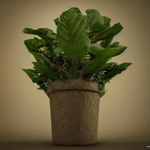 Prompt: medium shot mandrake root in a pot, wide leaves on a head, intricate hyper detailed ultra sharp sharp focus, global illumination, radiant light, alexandre ferra, irakli nadar, octane render, unreal engine, 4 k, ultra hd,