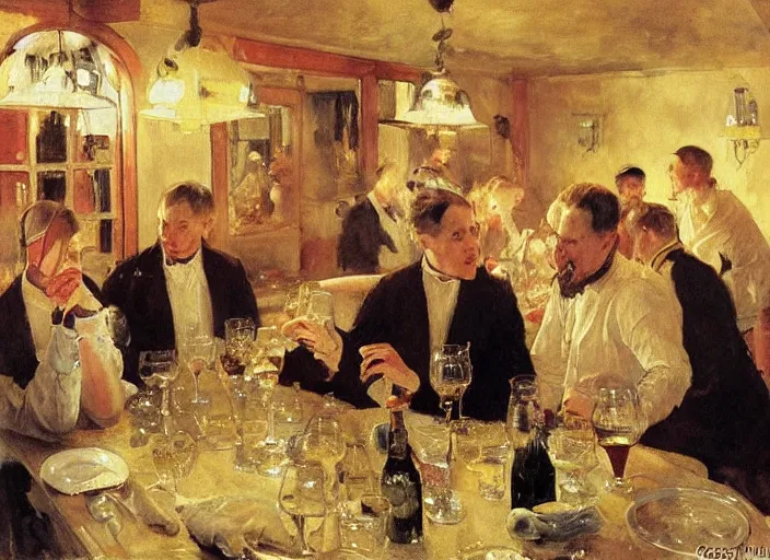 Image similar to men having dinner, singing, roaring twenties, cellar, masterpiece, torches on wall, meat, wine, schnapps, smoking cigars, scantily clad blondes, oil painting by anders zorn and carl larsson, art nouveau