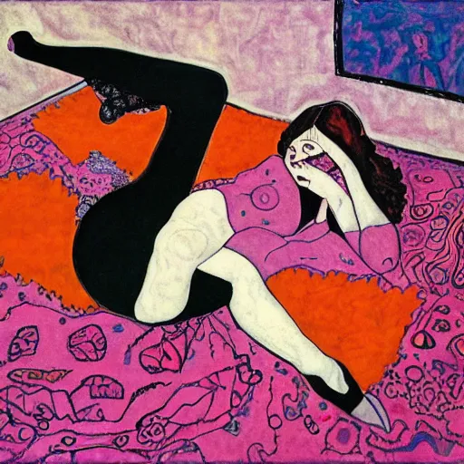 Image similar to rocker goth teen girl with black lace boots laying on her stomach on the floor, writing on a journal. 1970s colorful psychedelic bedroom. Trippy colors. Stylized. Egon schiele. Moscoso