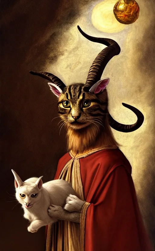 Prompt: a bipedal cat that has goat horns, anthropomorphic cat that is wearing robes, oil painting, by leonardo da vinci, d & d, fantasy, concept art, cosmic, magical, fog, noble, full body portrait, intricate, ornate, extremely detailed, cult, ritual, sharp focus, 4 k, 8 k