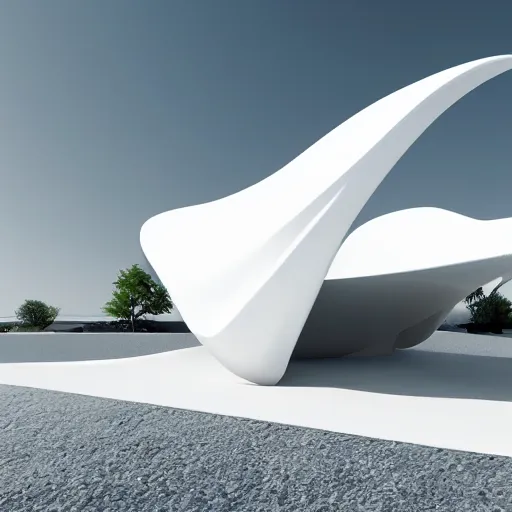 Prompt: a photograph of a futuristic architectural white shape, clean, simple surfaces : : architecture, product design, automotive design : : 3 d render, digital illustration, photorealism, raytracing, realistic lighting : : near a lake, on a desert