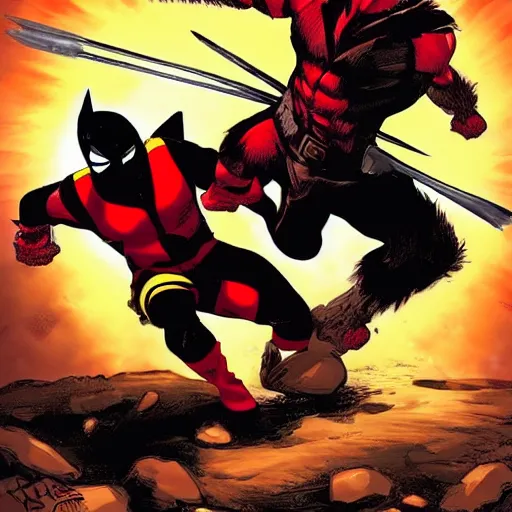 Prompt: dead pool fighting wolverine