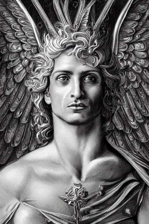 Image similar to God with a Chihuahua's head, a radiant halo and wings, detailed face, gorgeous, flowing hair, very muscular male body, partial anatomy, stormy and grand war scene, delicate and intricate borders for decoration, caesar victorious, proud Emperor, split lighting, character close-up, intricate, highly detailed, 8K, digital painting, fantasy, concept art, sharp focus, art by greg rutkowski beeple and alphonse mucha