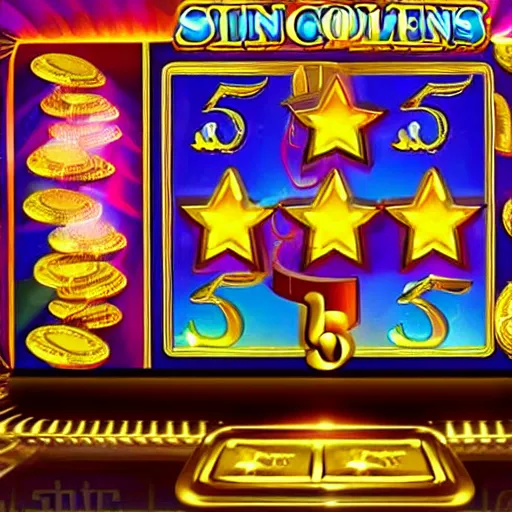 Prompt: A slot machine showing five stars and pouring out golden coins, realistic, unreal,