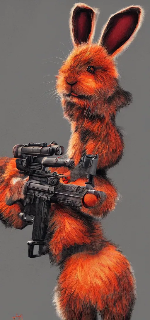 Image similar to portrait of neon fur rabbit with red eyes and a machine gun , 8k, highly detailed, sharp, realistic, in style of Brom