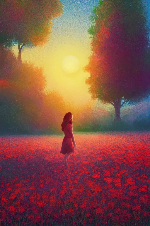 Prompt: flower growing out of girl body, standing in a flower field, big trees, sunrise dramatic light, impressionist painting, colorful clouds, digital painting, pointillism, artstation, simon stalenhag
