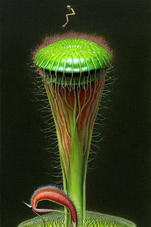 Image similar to a hyperrealistic painting of a guy caught in a venus flytrap carnivorous plant tundra, by john kenn mortensen and zdzislaw beksinski, highly detailed, vivid color,