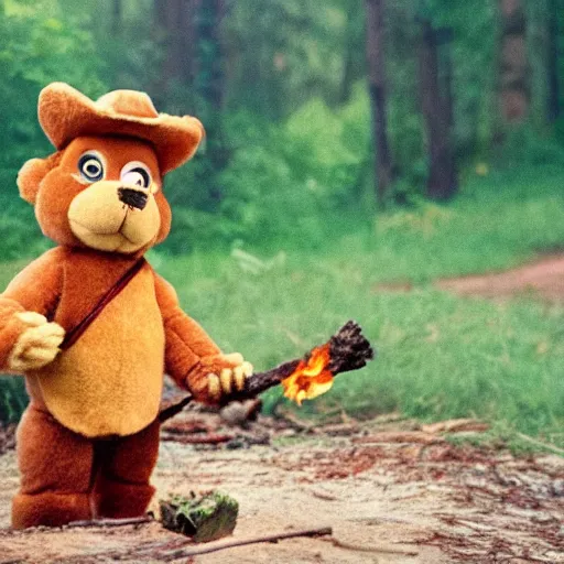 Image similar to candid photo of Teddy Ruxpin in the woods, playing with fire as Smokey The Bear burns one by Annie Leibowitz, photorealisitc, extremely detailed