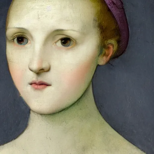 Prompt: portrait of a beautiful young lady with silver eyes, colored daguerreotype, by pontormo, by Mackintosh, by Bosch, art noveau, liminal, Bright pastel colors